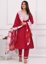 Chinnon Silk Red Festival Wear Embroidery Work Readymade Salwar Suit